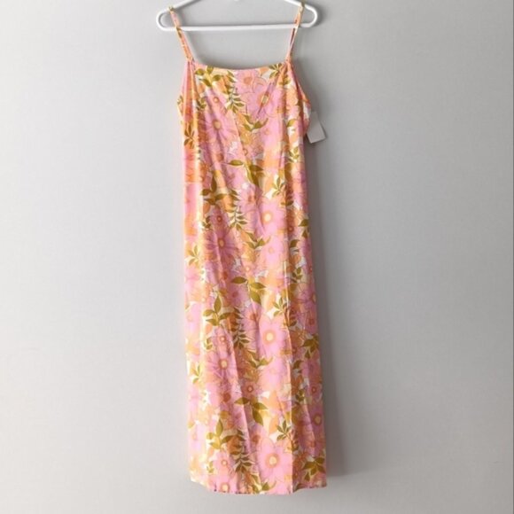 New Billabong Sundress Spaghetti Strap Bright Pink Floral Green Midi Medium - Picture 1 of 12